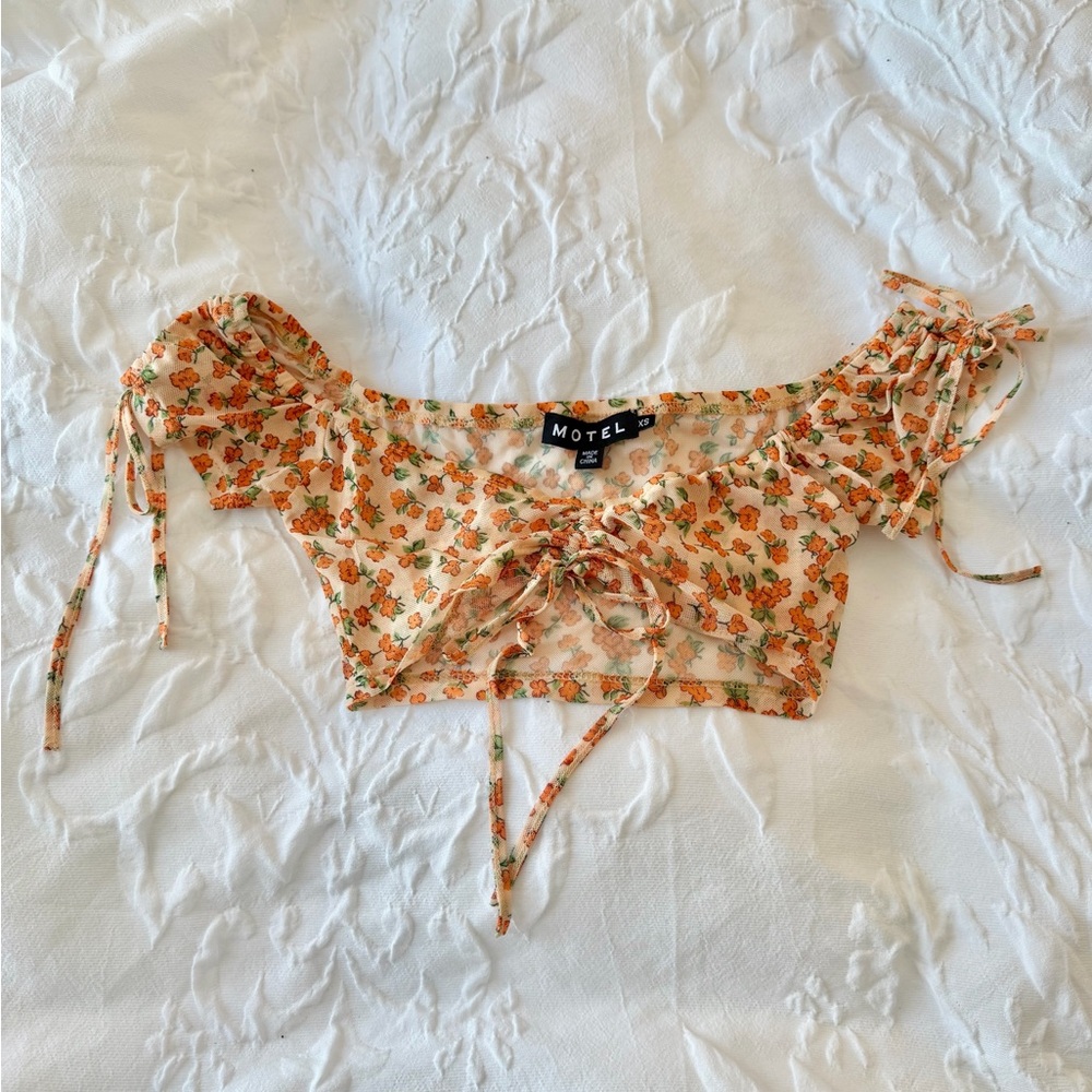 Motel Rocks Sheer Tie-Front Crop Top in Summer Bloom